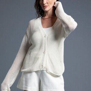 Coco Crochet Open Knit Long Sleeve Cardigan in Ivory
